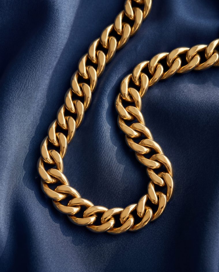 14K gold filled cuban-link chain on navy silk