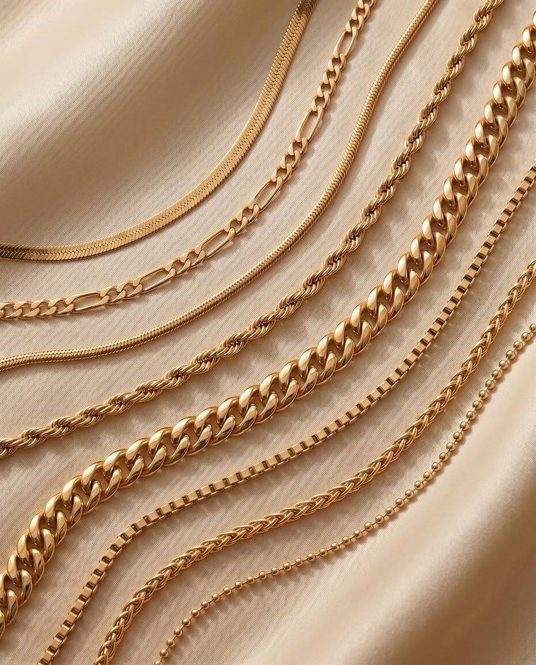 Gold chains on sand-beige silk